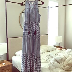 Blue and white ruffled gingham maxi dress